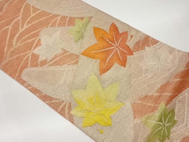  紗 波に舟・紅葉模様織出し袋帯